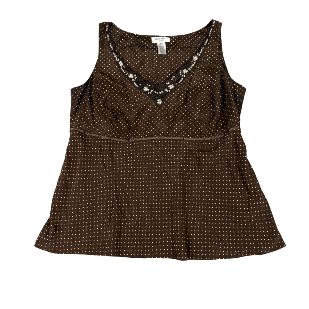 Nine West Woman Brown Silk Polka Dot Beaded Lace V-Neck Tank Top 18W